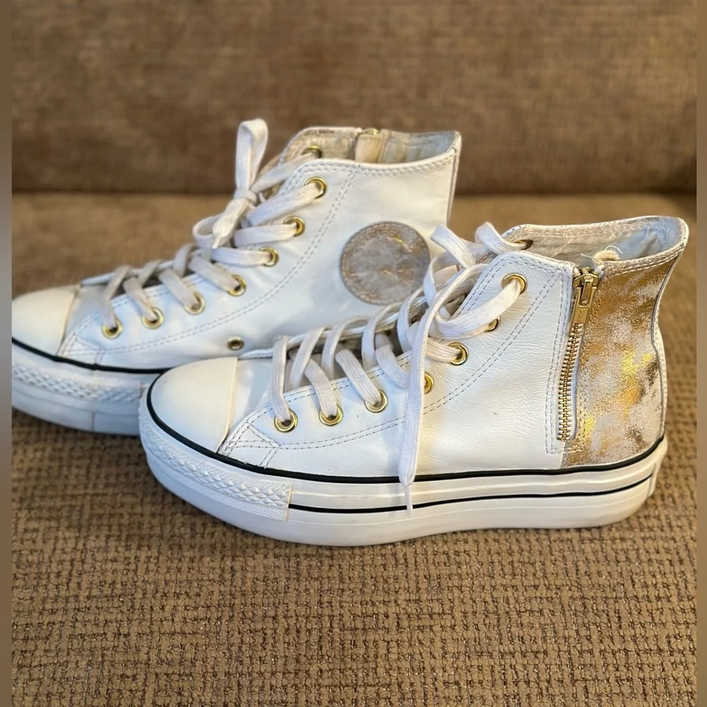 Gold and white leather platform converse size 6.5 - Picture 3 of 5